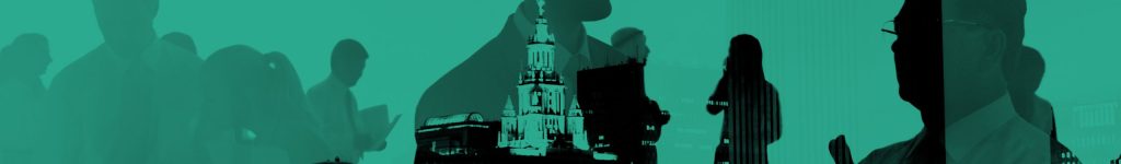 Abstract business people and city buildings
